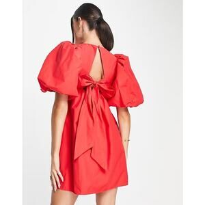 NWT & Other Stories Red Swing Mini Dress 6 Bow Cutout Valentines Puff Sleeve